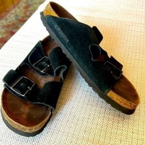 Birkenstock Womens Arizona Sandals EUR 37 Used , Unisex black Suede big Buckles